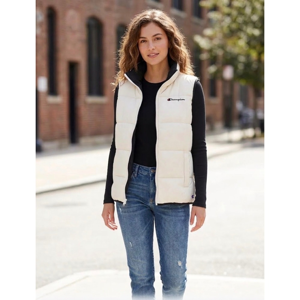 Champion Womens Puffer Vest Cream Black Quilted Full Zip Sleeveless Jacket L